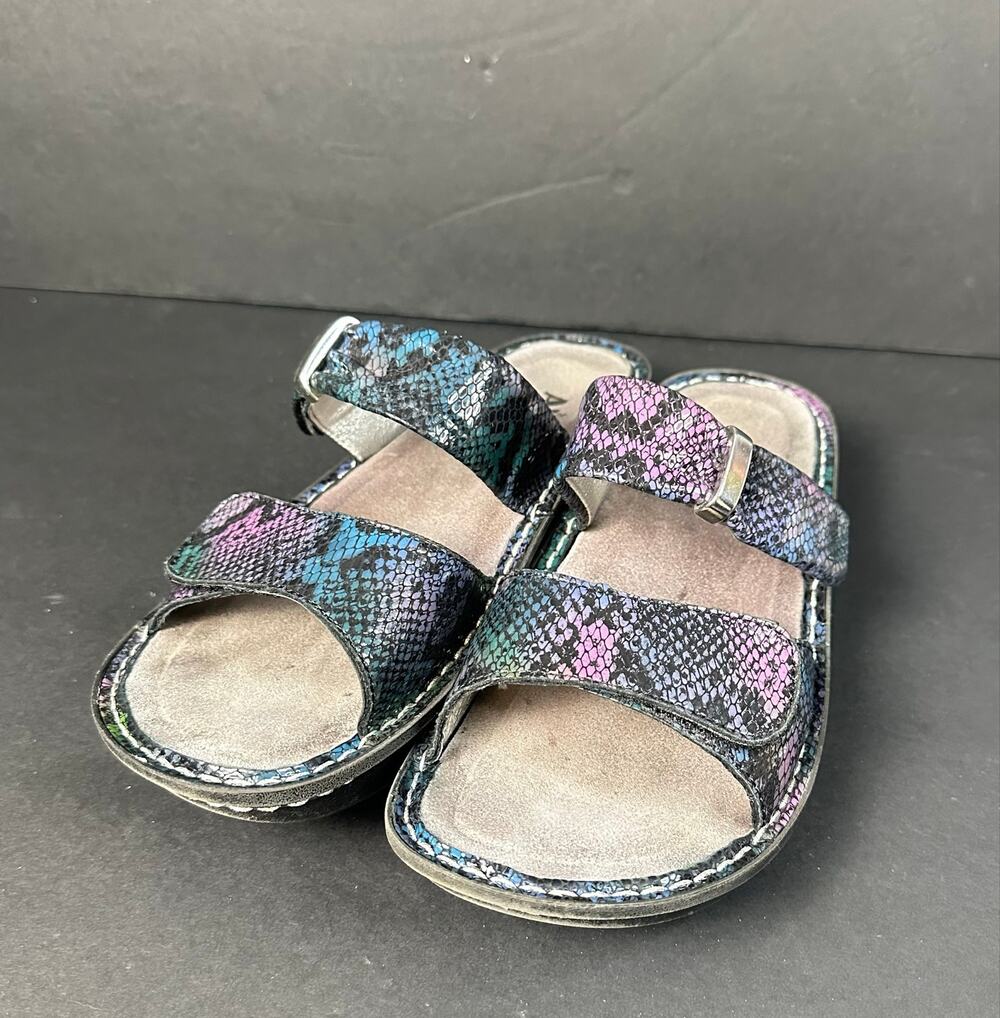 Alegria Karmen Black Purple Reptile Pattern Strap Sandals Size 38 US  8 8.5